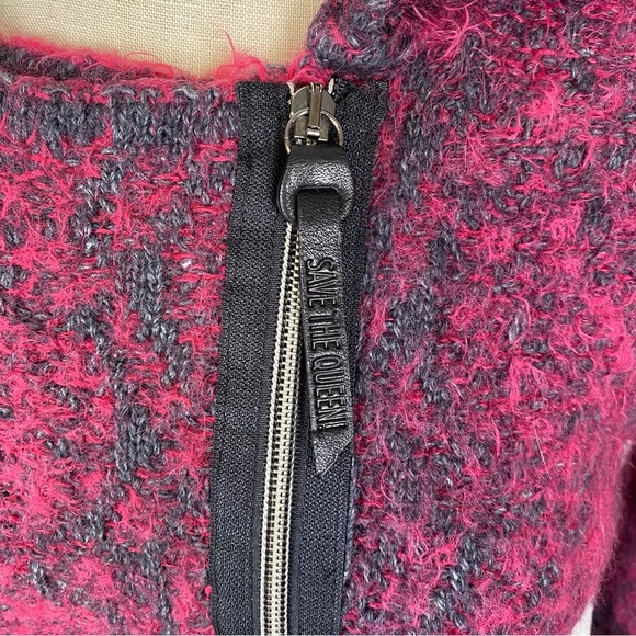 Save The Queen Zip Up Cardigan Size S Moto Alpaca Blend Burgundy Black - Picture 5 of 15